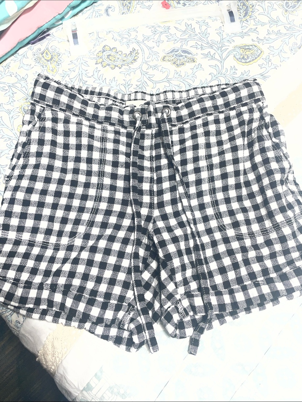 High-Waist Black & White Gingham Drawstring Women’s Shorts